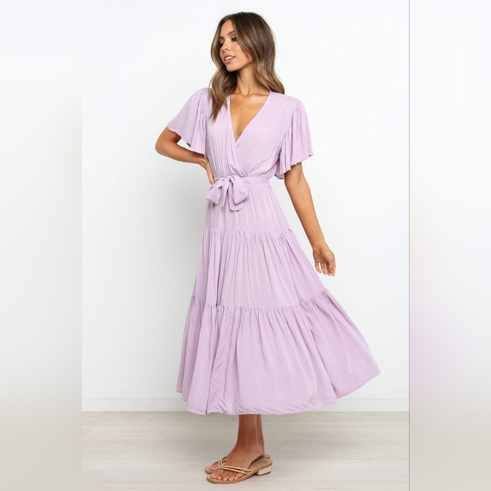 NWT - Boutique - Tied Waist Tiered Short Sleeve Lavender Midi Dress - Size XL
